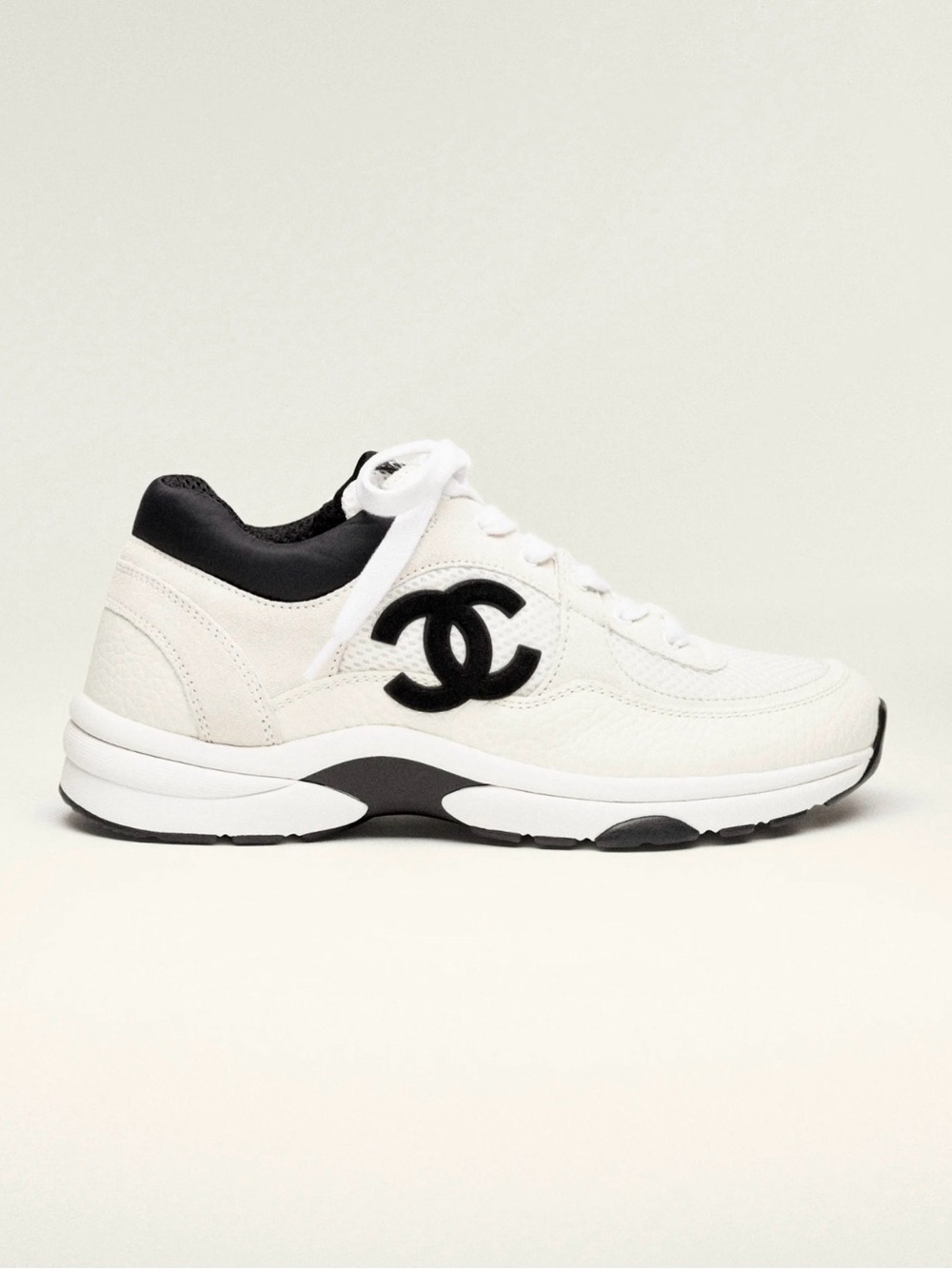 CHANEL White and Black CC Logo Leather Sneakers